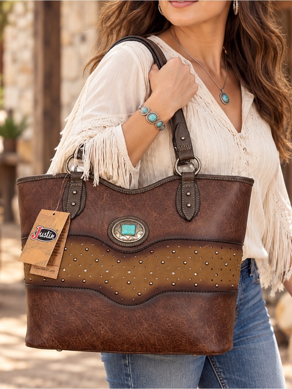 NWT Justin Boots Concealed Carry Tote Brown Turquoise Western Handbag